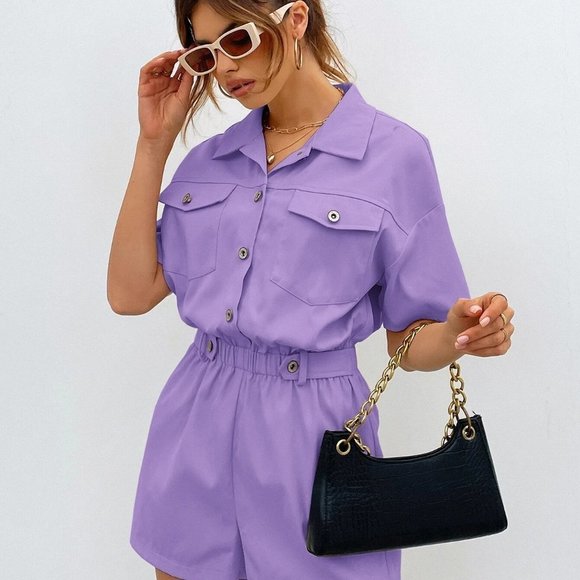 . Pants - Lilac Purple Casual Womens Buttoned Front Pocket Patched Shirt Romper